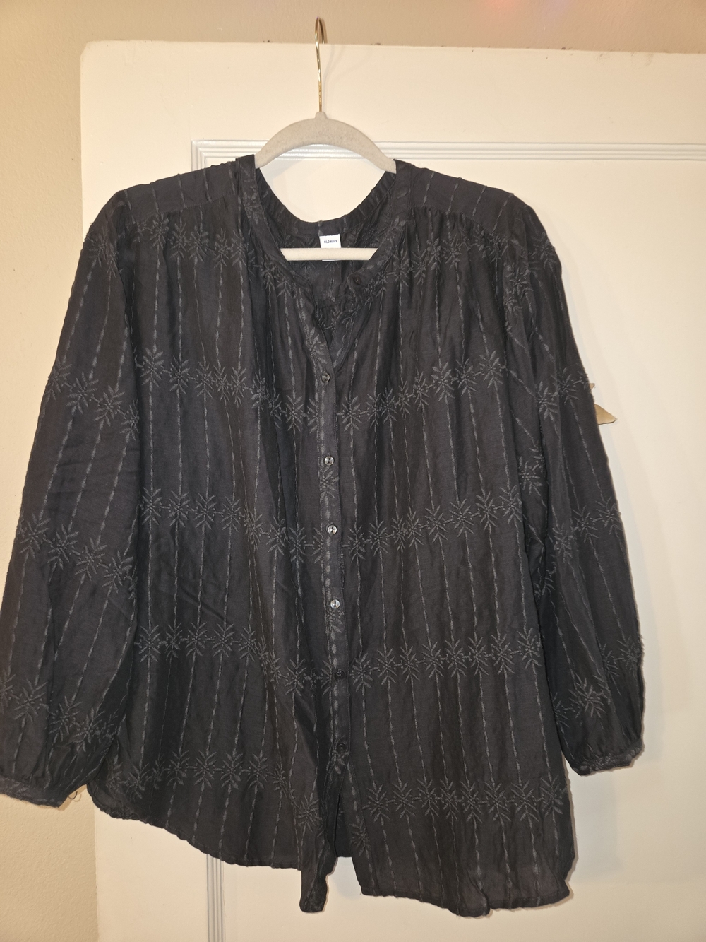 Old Navy Black Embroidered Button-Up Blouse Charcoal Grey Not Black